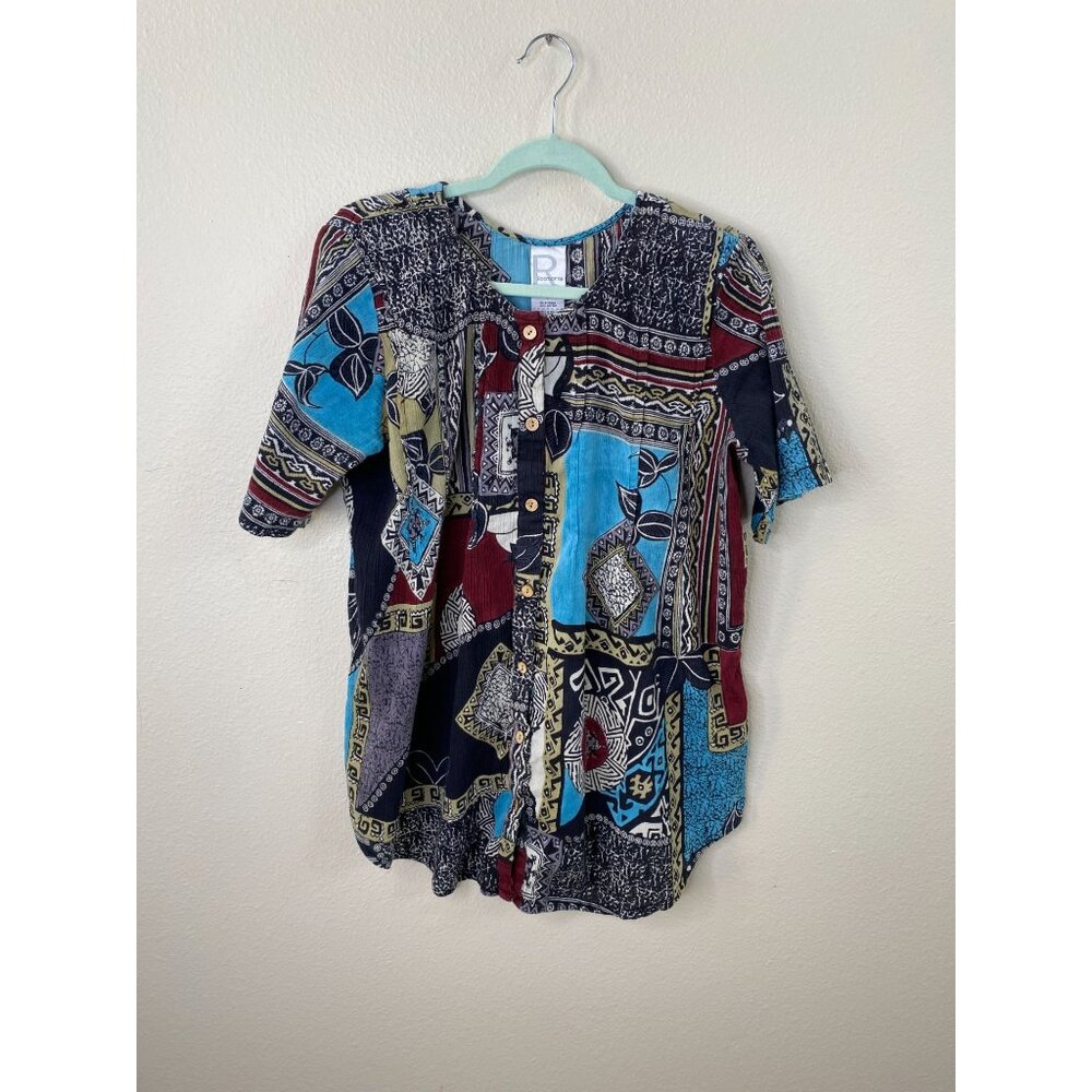 Roamans Womens Colorful Cotton Button-Up Top Large Patchwork Pattern Vintage